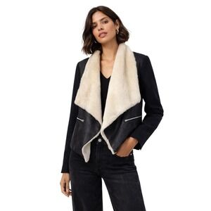 Zara Trafaluc Black Drape Front Jacket Faux Leather Wool Blend Size Medium